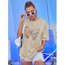 Renkli Kelebek Dijital Baskılı Unisex Bej - Siyah Oversize T-shirt Bej