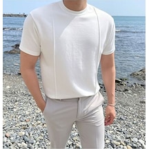 Tarz Cool Yuvarlak Yaka 2 Çizgili Triko T-shirt Beyaz