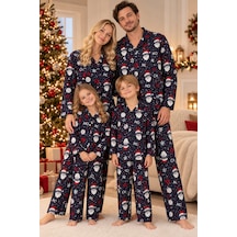 Free Beka Yılbaşı Desenli Kırmızı Uzun Kollu Önden Düğmeli Gömlek Yaka Aile Pijama Takımı Kombini Lacivert