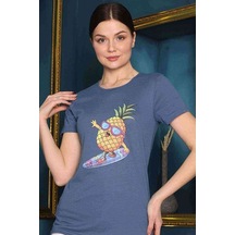 Kadın Slimfit Ananas Baskılı Lacivert Tshirt