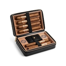 Siyah Deri 6'lı Puro Seyahat Çantası - İspanyol Sedir Ağacı İç Bölmeli - Askı Takılabilir Taşınabilir Puro Kutusu Humidor 4296