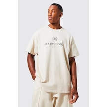 Unisex Bej Barcelona Baskılı Oversize Tshirt 001
