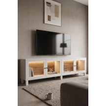 Robin Home Prime Temperli Cam Kapaklı Neon Led Işıklı Tv Ünitesi Tv Sehpası Vitrin Ahşap Ayaklı Sepet-beyaz