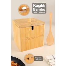 Kaşıklı Bambu Baharat Kutusu - Bambu Kapaklı Tuz Kabı Tuzluk Baharatlık Kutu 12x12 Cm Bej