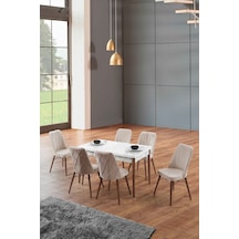 Morkese Home Consept Hope Mermer 80x130 Açılabilir 6 Sandalye Silinebilir Kumaş Mutfak Masası Takımı Yemek Masası Takımı Cappuccino