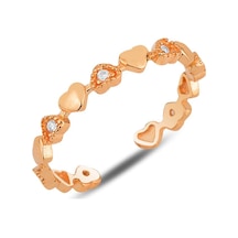 Gümüş Rose Zirkon Taşlı Birleşen Kalpler Ayarlamalı Yüzük Barcode Rose