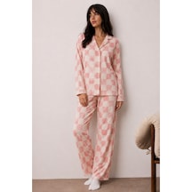 Kadın Düğmeli Kışlık Ev Pembe Pijama Takımı