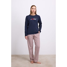 Man11585-1020 Anil Ev Giyim Anıl Kadın Uzun Kol Sweatshirt Ve Ekose Pantolon Pijama Takımı Rahat Ve Şık Ev Giyimi 11585 Lacivert