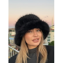 Mollycrush Luxury Peluş Bucket Kalpak Şapka Kışlık Suni Kürk Siyah Kadın Şapkası Siyah