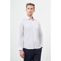 İmza Beyaz Uzun Kol Çizgili Desen Gabardin Sert Yaka Cepsiz Pamuklu Classic Slim Fit Gömlek 1004245205 Duman Beyaz