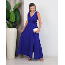 Veraura Lifestyle Kadın Askılı Derin V Yakalı Yırtmaçlı Uzun Elbise Mavi