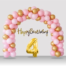 4 Yaş Retro Gold Pembe Balon Happy Birthday Banner Gold Rakam Doğum Günü Süsleme Çok Renkli