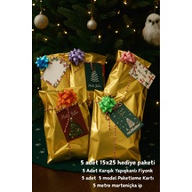 Gold Paketleme Seti Fiyonklu Kartlı 15x25 Hediye Poşeti - Yılbaşı Hediye Poşeti
