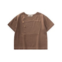 Cigit Kontrast Dikişli Keten Bluz 2-7 Yaş Caramel Kahverengi