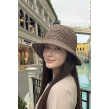 Mollycrush Kadın Kahverengi Hasır Örgü Bucket Bohem Stil Plaj Ve Güneş Şapkası Kahverengi