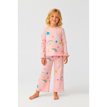 Gökkuşağı Desenli %100 Pamuklu Kız Çocuk Pijama Takımı - Toka Aksesuarlı Mevsimlik Takım Pembe