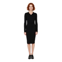 Ersefa Moda Slim Casual Günlük Fitilli Triko Polo Yaka Uzun Kol Bodycone Siyah