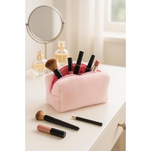Peluş Yumuşacık Makyaj Çantası - Kozmetik Organizeri Pembe Çok Renkli
