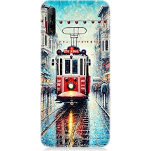 Huawei P Smart Pro Uyumlu Yağmurlu Sokakta Kırmızı Tramvay Desenli Silikon Kılıf Çok Renkli