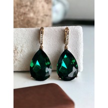 Kristal Taşlı Büyük Su Damlası Sallantılı Küpe Yeşil