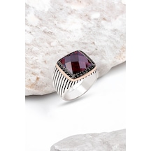 Gümüş Fasetli Garnet Zirkon Taşlı Süslemeli Çizgili Kasa Erkek Yüzük -5380