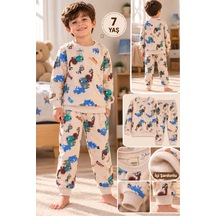 Üç Gül Ticaret Erkek Çocuk Dinozor Baskılı İçi Şardonlu Pijama Takımı 3-7 Yaş Ekru Ekru