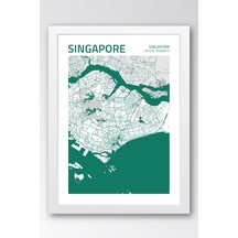 Singapur Haritası Çerçeveli Tablo Lüks Salon Ofis Duvar Dekorasyonu Hediyelik Tablo Beyaz