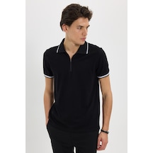 Tudors Erkek Slim Fit Dar Kesim %100 Pamuk Jakarlı Düz Yaka Ve Kol Detaylı Siyah Polo Yaka Tişört-50214