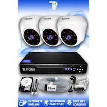 Picam 3 Kameralı Dome 3 İç Kamera Set 100 GB HDD Full HD Gece Görüşlü Güvenlik Kamerası Sistemi
