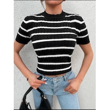 Ckm Moda Costa Yüksek Kalite Çizgili Kadın Bluz Siyah