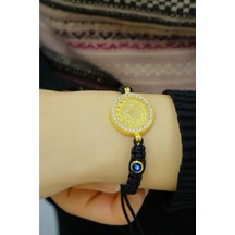 Tuğralı Nazar Boncuklu Ipli Bileklik Sarı Altın