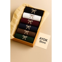 Premium Fiyonk Nakışlı Kadın Çorap 6 Lı Set Özel Kutulu Yazlık & Kışlık Çok Renkli