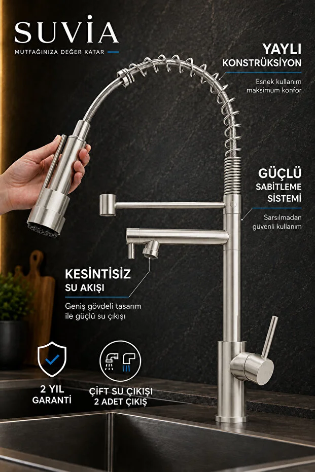 Endüstriyel Mutfak Bataryası Profesyonel Yaylı Spiralli Çift Su Çıkışlı Esnek Eviye Musluğu Inox