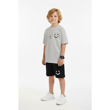 Fyk Kids Yuvarlak Yakalı Yazlık Küçük Emoji Baskı Detaylı Kaprili Erkek Çocuk Alt Üst Takım Gri