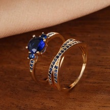 Vintage Altın Rengi Yuvarlak Kesim Mavi Taş İç İçe Yüzük Seti Düğün Band Yüzük Seti Sevgililer Günü Hediyesi 7 Mavi