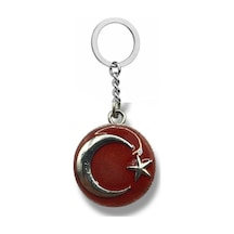 Yuvarlak Kırmızı Ay Yıldız Figürlü Metal Anahtarlık Gümüş Renk Unisex Aksesuar