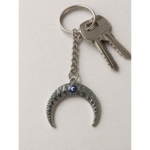 Gümüş Renk Nazar Boncuğu Ay Figürlü Metal Anahtarlık Unisex
