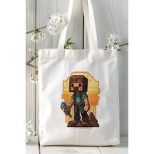 Art Hediye Minecraft Oyun Baskılı Bez Çanta Omuz Çantası Model 4 Çok Renkli