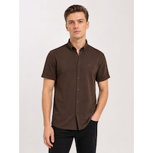 Classics Men Cafes Likralı Kısa Kol Slim Fit Erkek Gömlek - 7735 Kahverengi