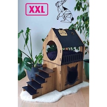 Xxl Teraslı Dubleks Ahşap Kedi Evi Büyük Demonte Mdf Kedi Evi Kemençe - Siyah