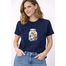 Herkesemoda Kadın Yazlık Deniz Temalı Baskı Detaylı Bisiklet Yaka Pamuklu T-shirt Lacivert