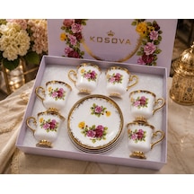 Gold Rose 6 Kişilik Porselen Kahve Fincanı Takımı Altın Yaldızlı Gül Desenli Lüx Sunum Seti Çok Renkli