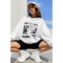 Madmext Beyaz Baskılı Oversize Kadın Sweatshirt Mg1923 Beyaz