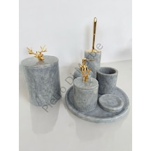 Gri Mermer Klasik Model 7 Parça Gold Renk Geyik Aksesuarlı Banyo Seti Gri