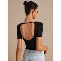 Liona V Yaka Sırtı Açık İpli Siyah Renk Fitilli Kısa Kollu Slim Fit Crop Top Bluz