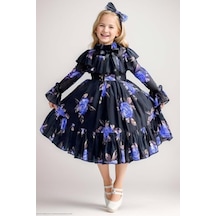 Riccotarz Kız Çocuk Kolları Transparan Ve Yakası Fırfırlı Üzeri Çiçek Desenli Piliseli Mor Elbise Mor