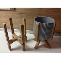 3d Baskı Ayaklı Çizgili Saksı - Bej Standlı Dekoratif Saksı - Gri