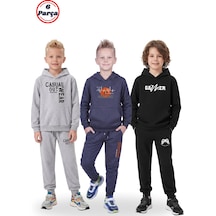Panios Kids 3'lü Kanguru Cepli Kapüşonlu Baskı Detaylı 6 Parça Erkek Çocuk Eşofman Takımı Füme - Siyah