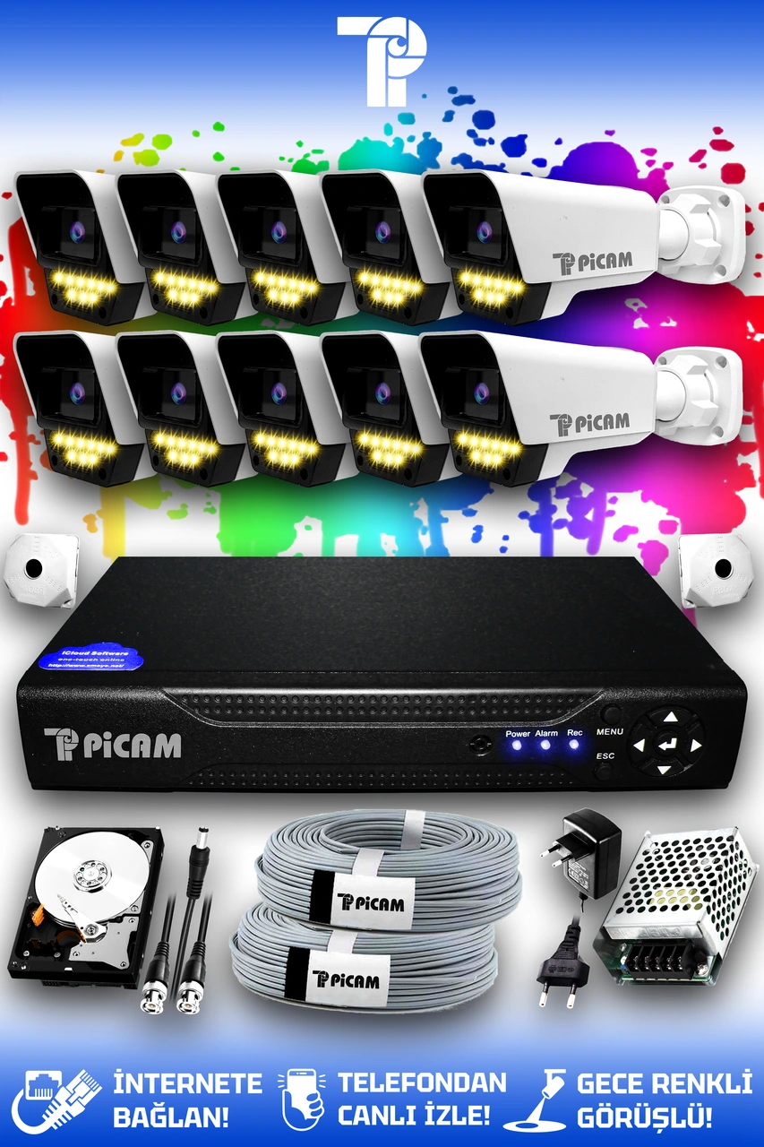 Picam 10 Kameralı Süper 10 Dış Kamera Set 1 TB 5 MP 2K Net Renkli Gece Görüşlü Güvenlik Kamerası Sistemi