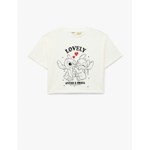 Koton Lisanslı Stitch Baskılı Uzun Kollu Bisiklet Yaka Pamuklu Tişört Ekru 6skg10461ak Ekru